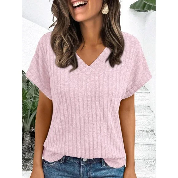 👑Women's Pink Short Sleeve Cute V Neck Stretch Ribbed Knitwear Pullover Sweater - Picture 6 of 6